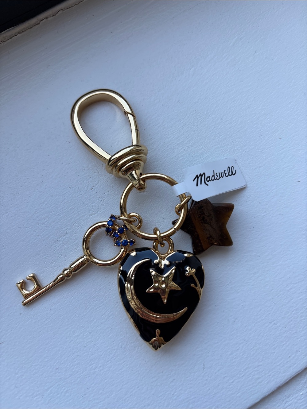 Madewell Black & Gold Heart Crescent Star Keychain with Brown Star Charm
